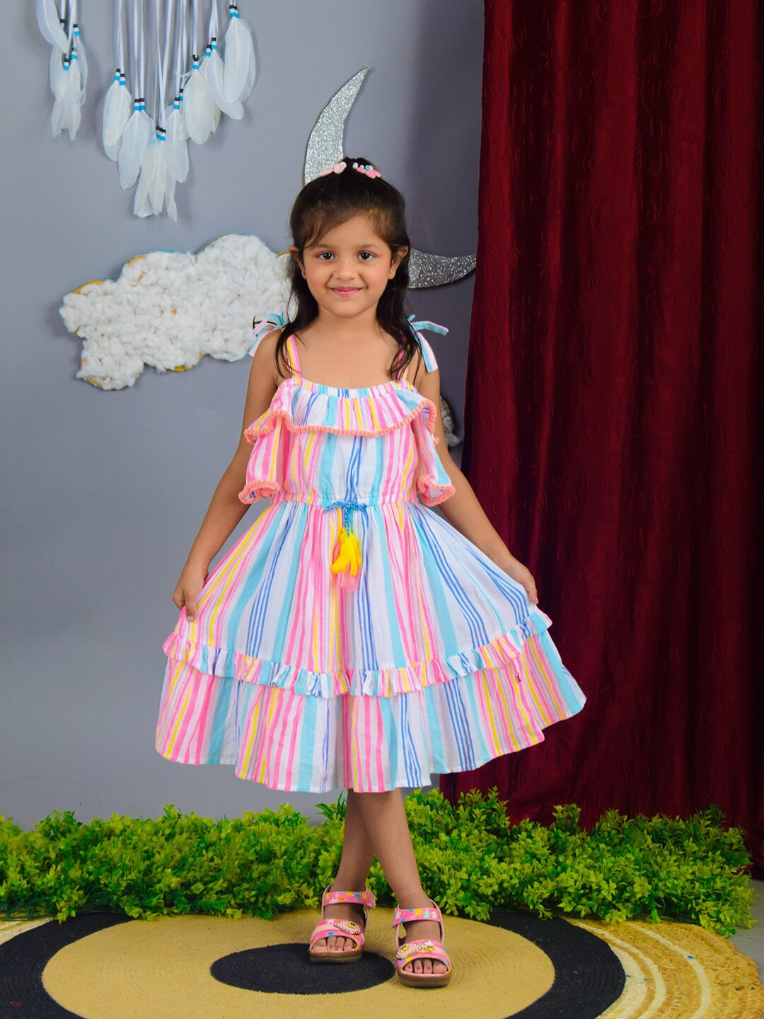 

Nino Bambino Striped Shoulder Straps Ruffles Detail Cotton Fit & Flare Dress, White
