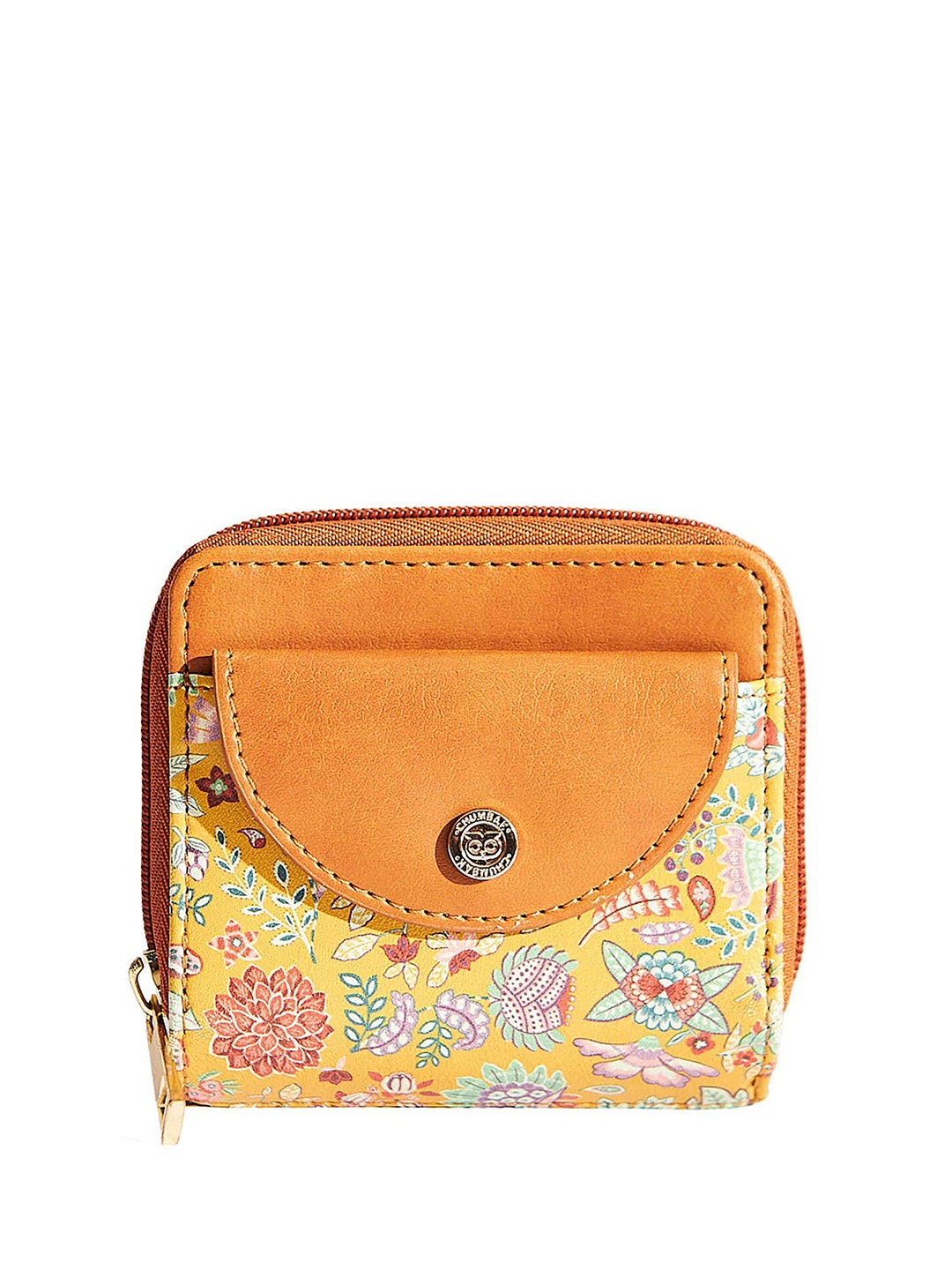 

TEAL BY CHUMBAK Women Floral Printed Zip Detail PU Zip Around Wallet, Mustard