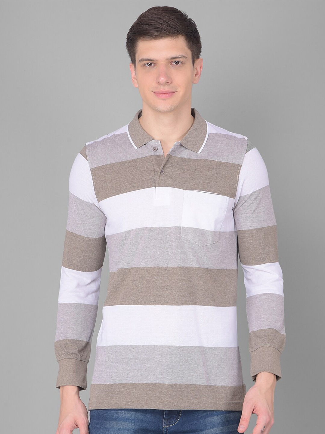 

COBB Colourblocked Polo Collar Long Sleeves Cotton T-shirt, Beige