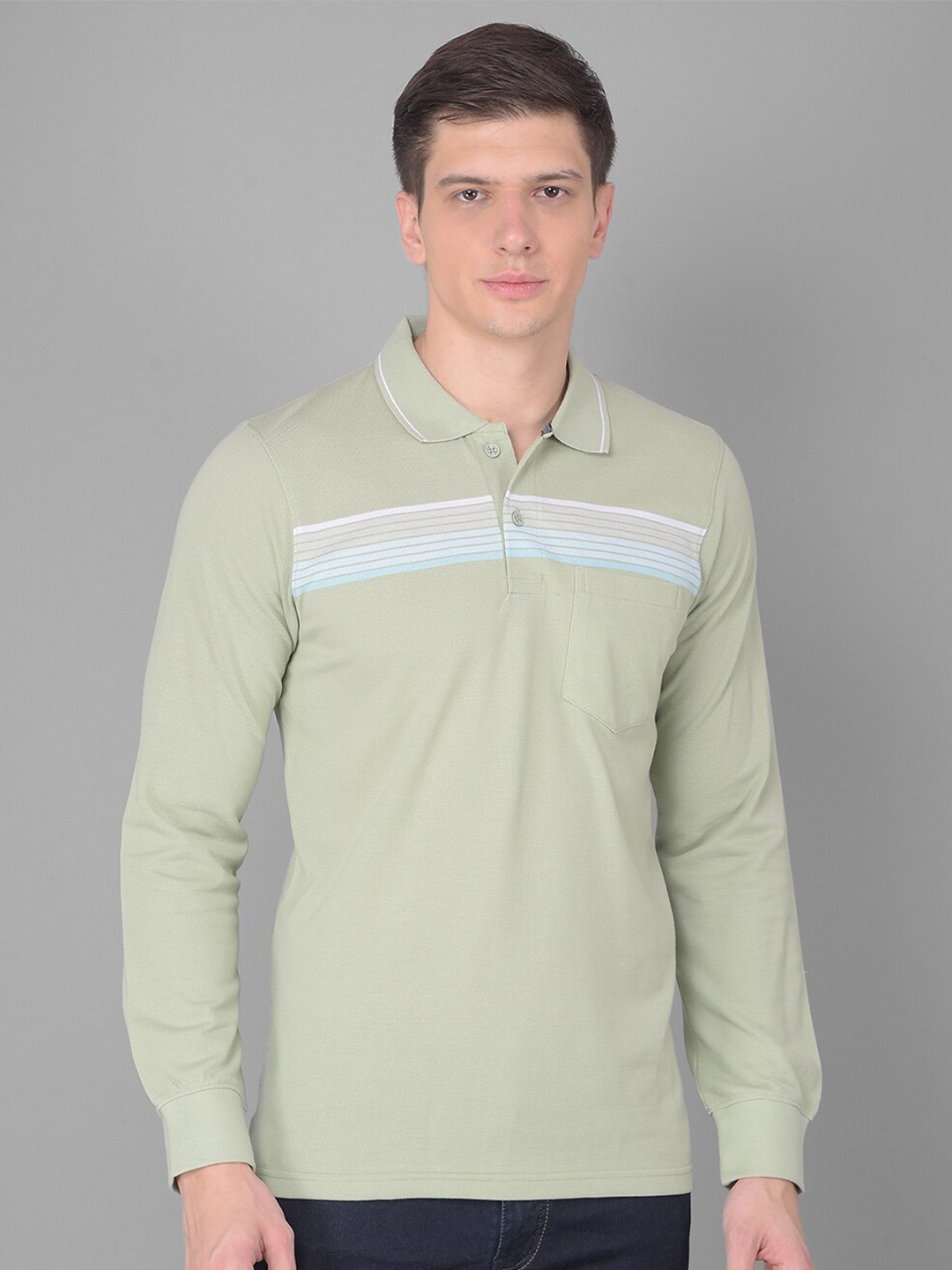 

COBB Striped Polo Collar Long Sleeves Cotton T-shirt, Green