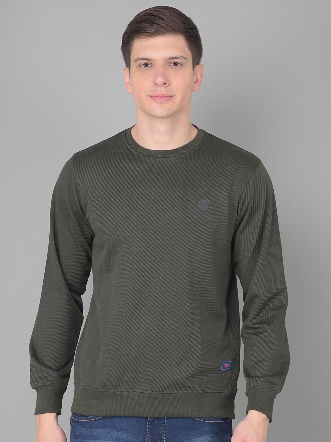 

COBB Round Neck Long Sleeves Cotton Pullover Sweatshirt, Olive