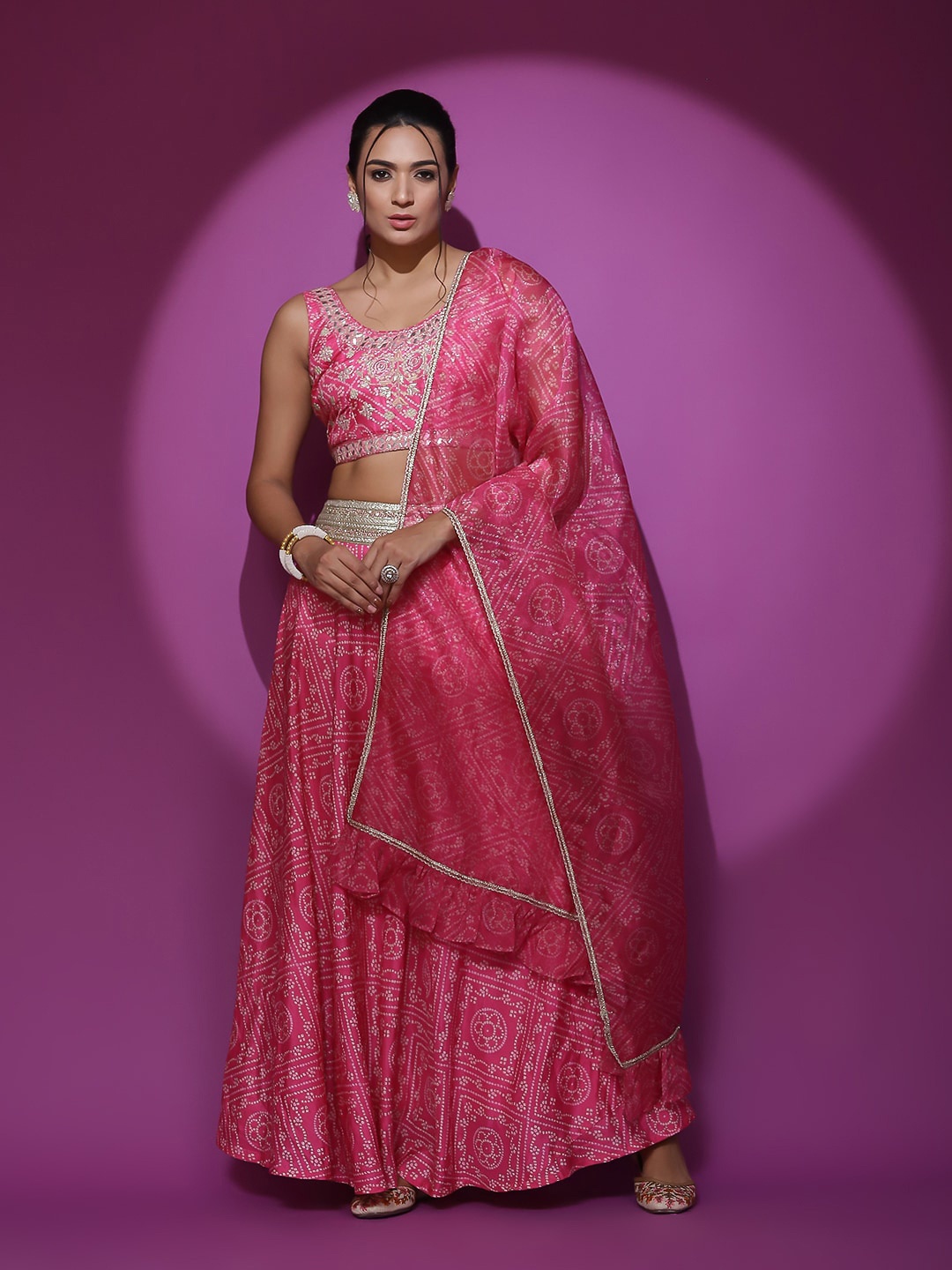 

AKS Bandhani Embroidered Sequinned Ready To Wear Lehenga & Blouse With Dupatta, Pink