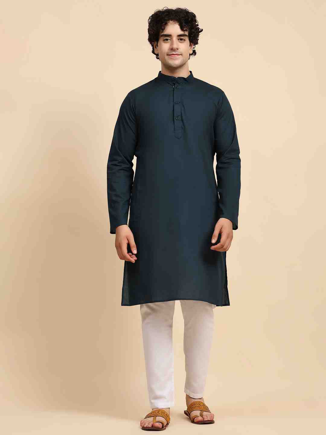 

Enciger Band Collar Pure Cotton Straight Kurta with Pyjama, Green