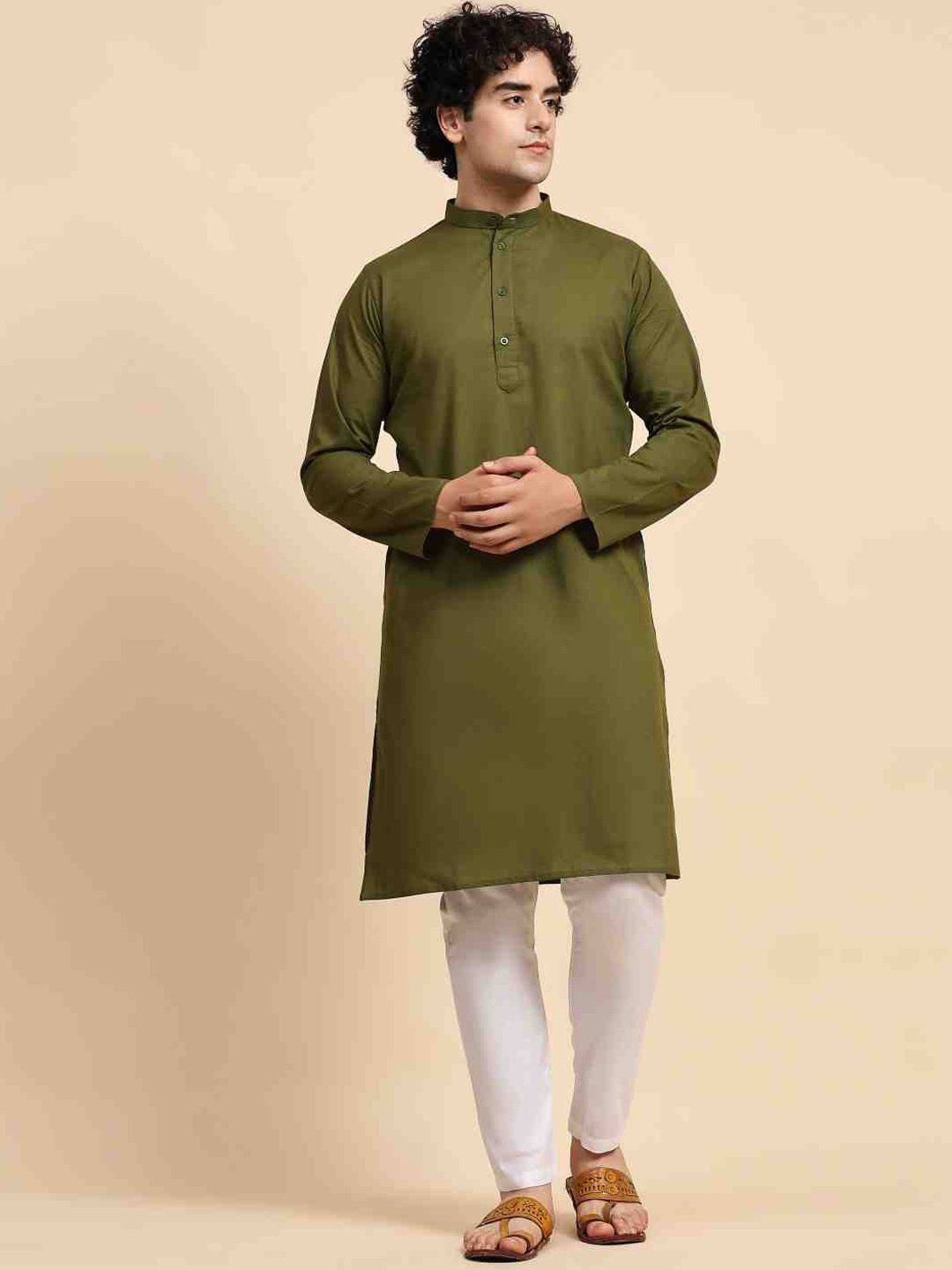 

Enciger Regular Mandarin Collar Pure Cotton Kurta with Pyjamas, Olive