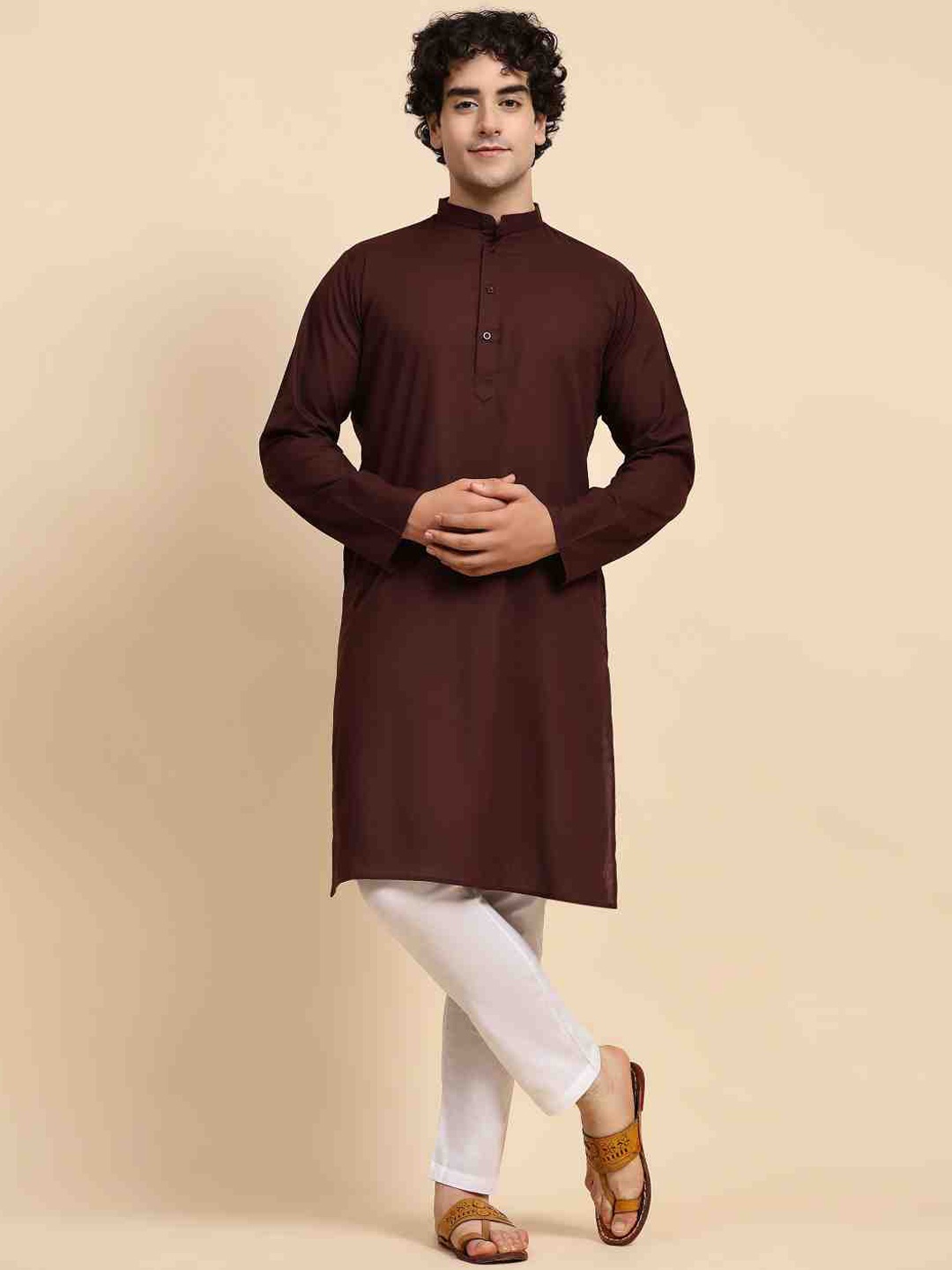 

Enciger Regular Mandarin Collar Pure Cotton Kurta with Pyjamas, Brown
