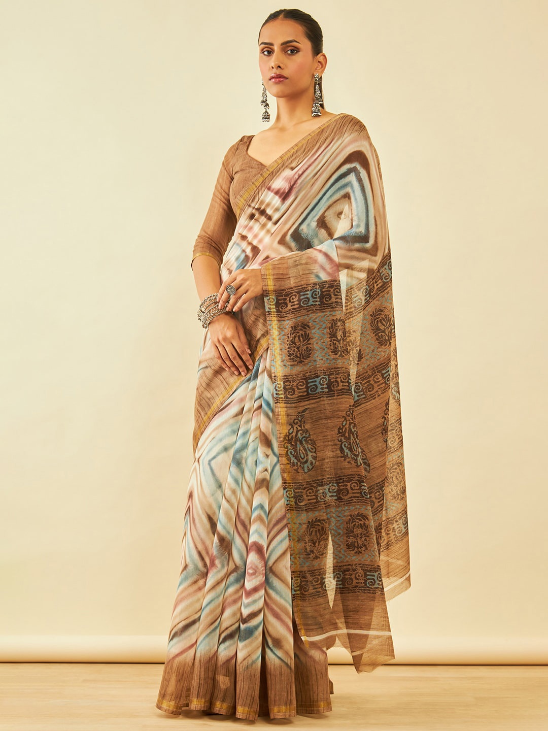

Soch Abstract Printed Zari Chanderi Saree, Brown