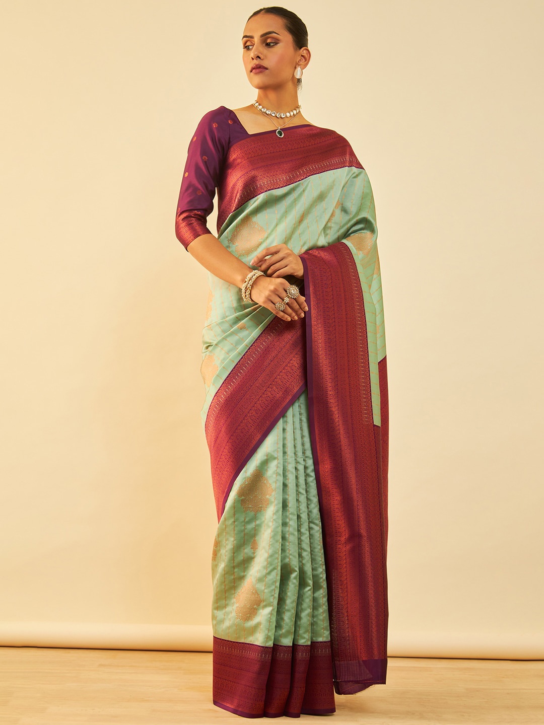

Soch Ethnic Motifs Woven Design Zari Saree, Green