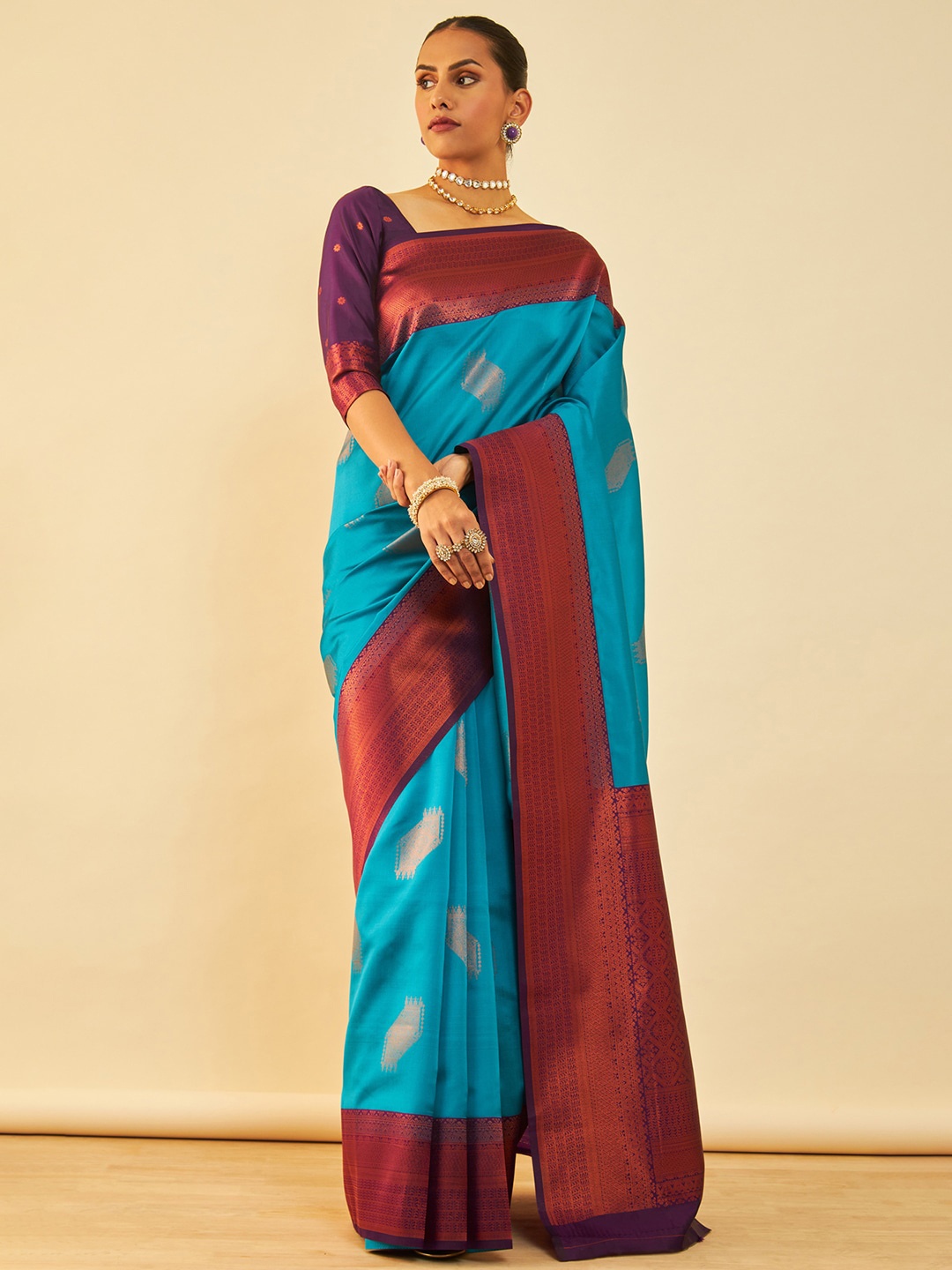 

Soch Ethnic Motifs Woven Design Zari Saree, Turquoise blue