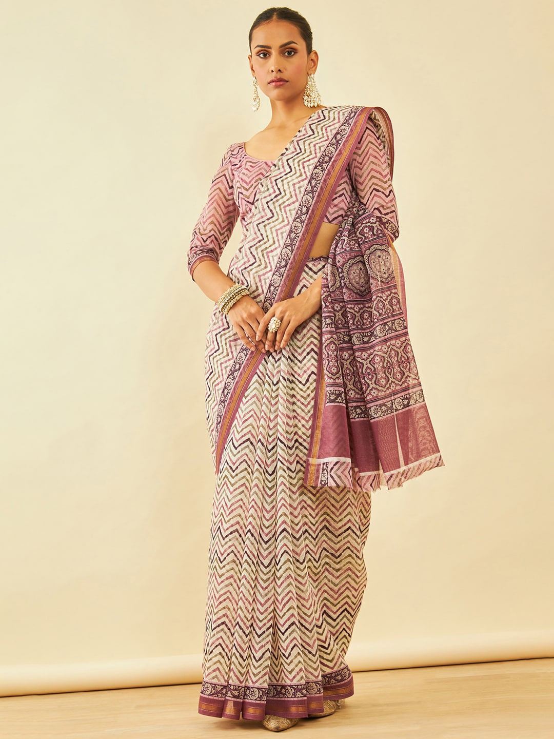 

Soch Chevron Printed Zari Chanderi Saree, Pink