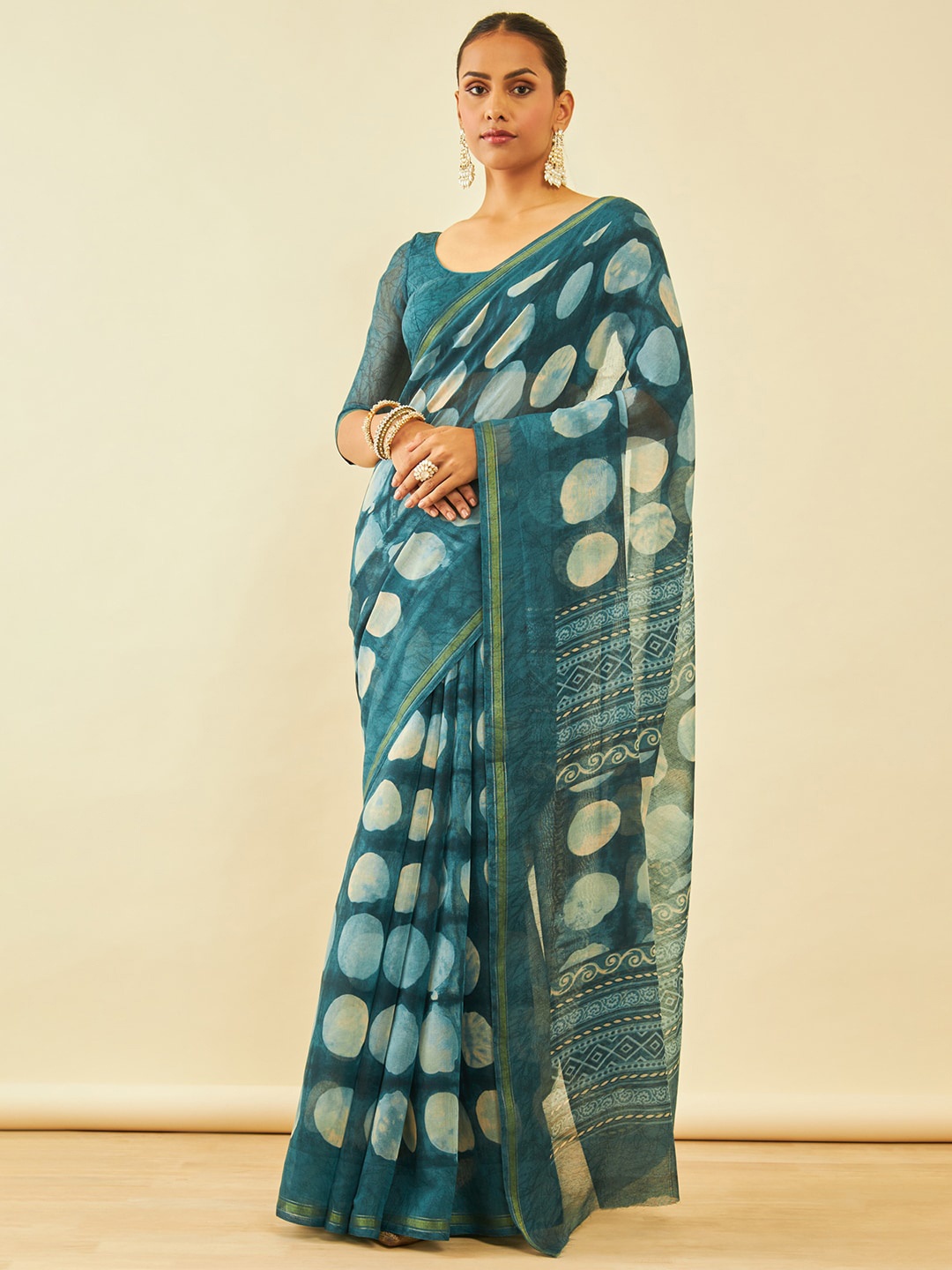 

Soch Geometric Printed Zari Chanderi Saree, Teal