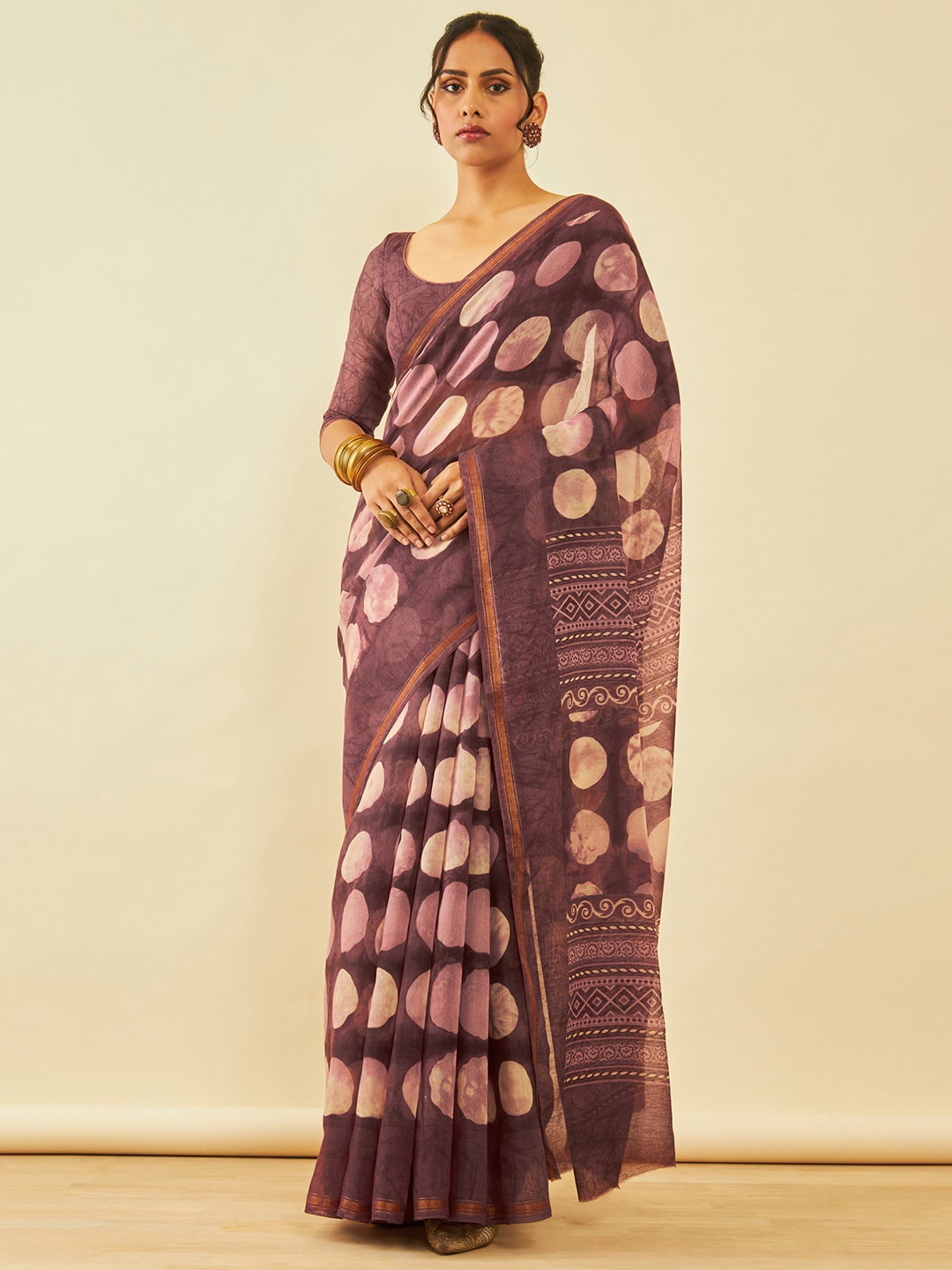 

Soch Geometric Printed Zari Chanderi Saree, Maroon