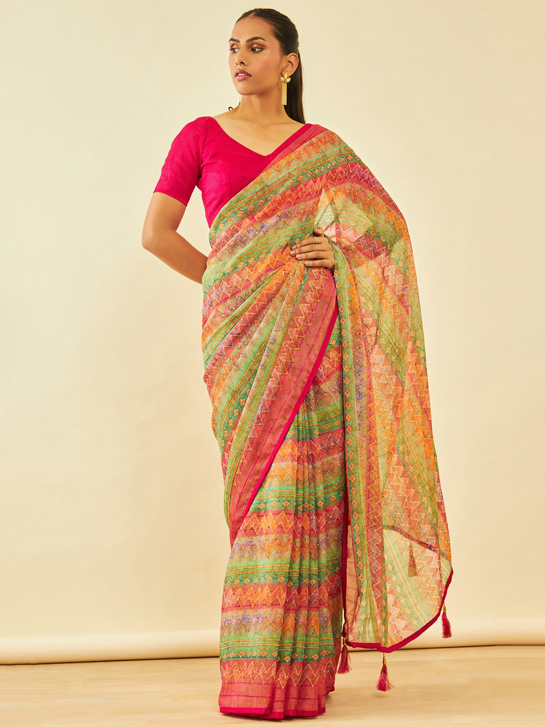 

Soch Pink & Green Geometric Printed Saree