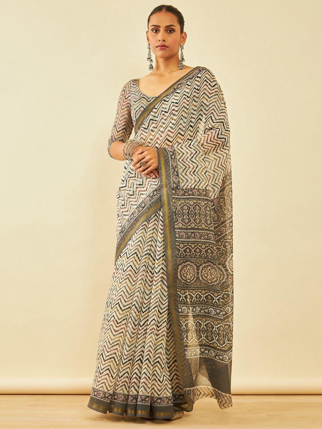 

Soch Grey & White Chevron Printed Zari Chanderi Saree
