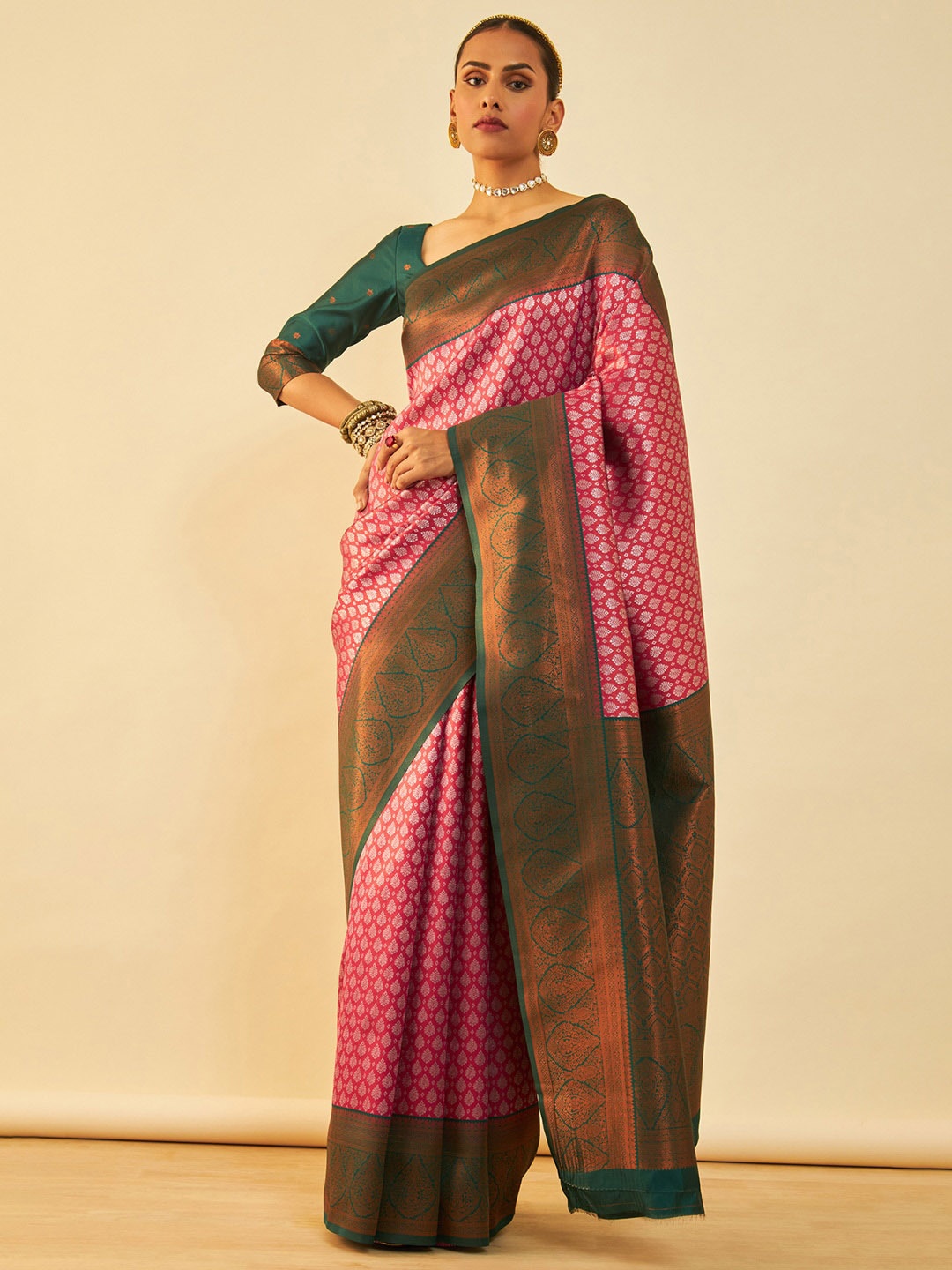 

Soch Pink & Green Ethnic Motifs Woven Design Zari Saree