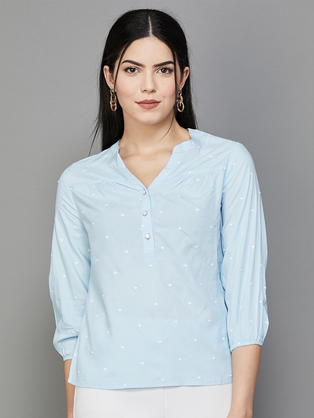 

CODE by Lifestyle Polka Dots Embroidered Mandarin Collar Shirt Style Top, Blue
