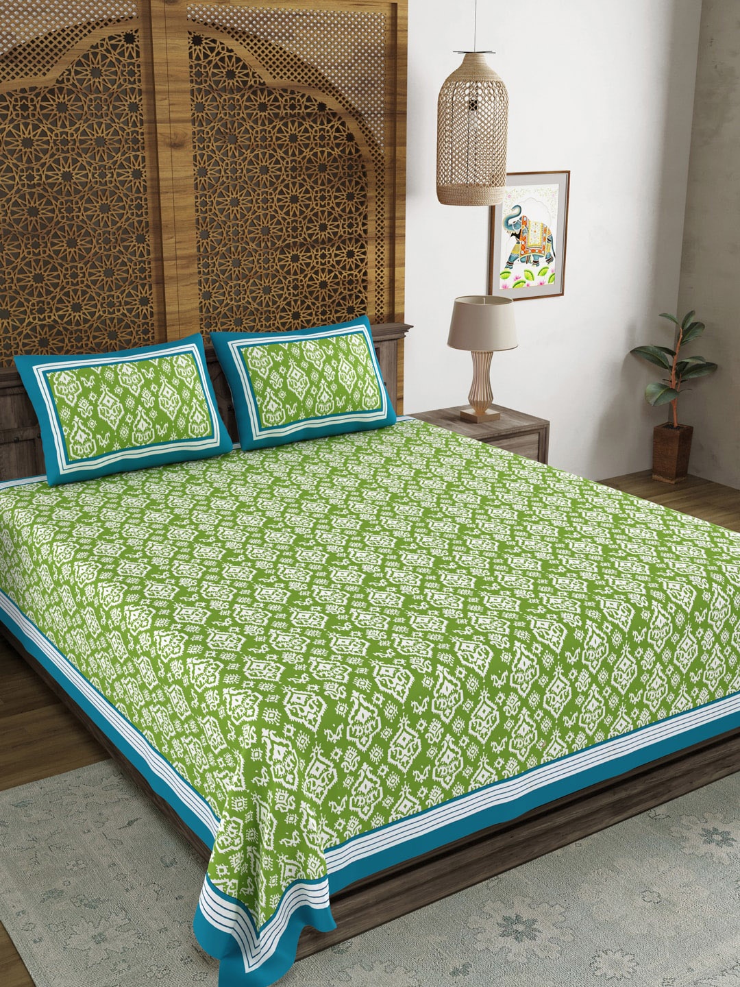 

BLOCKS OF INDIA Green Ethnic Motifs Cotton 210 TC Super King Bedsheet & 2 Pillow Covers