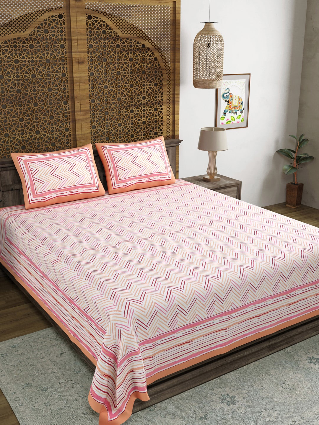 

BLOCKS OF INDIA Pink & White Geometric Cotton 210 TC Super King Bedsheet & 2 Pillow Covers