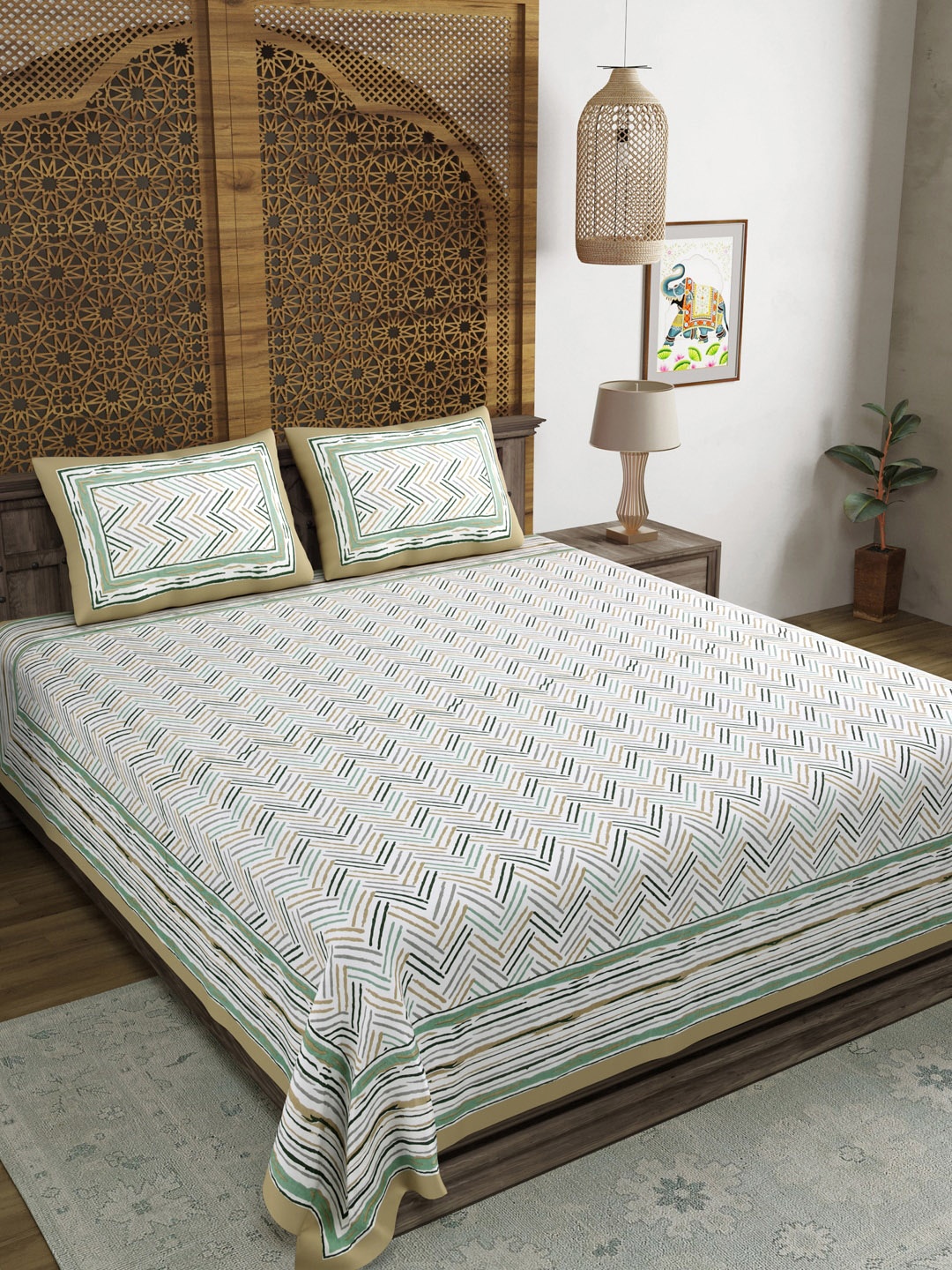 

BLOCKS OF INDIA Green Geometric Cotton 210 TC Super King Bedsheet & 2 Pillow Covers