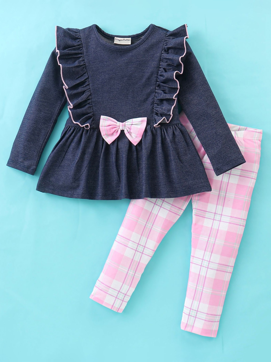 

CrayonFlakes Girls Round Neck Pure Cotton Clothing Set, Navy blue