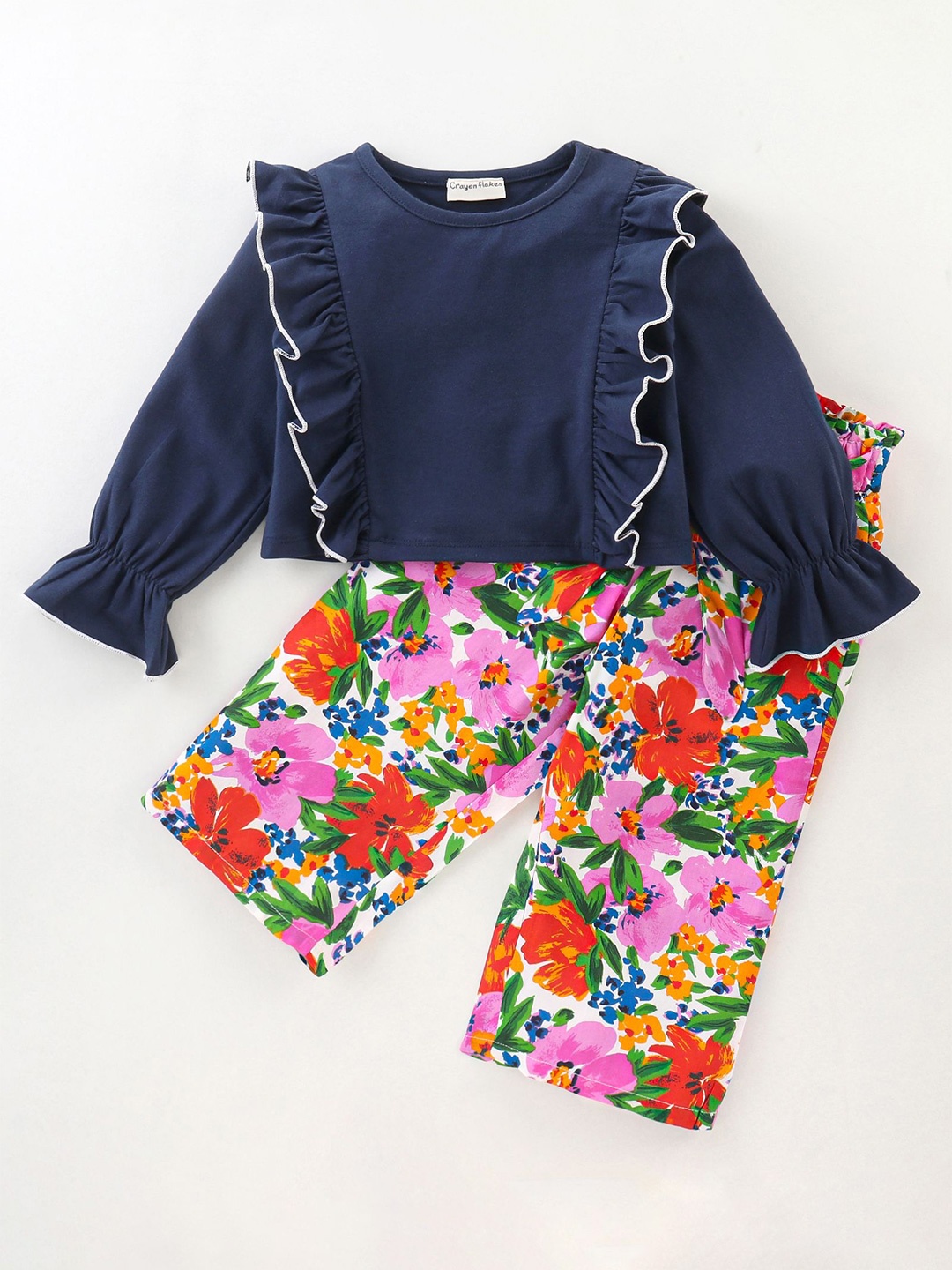 

CrayonFlakes Girls Round Neck Pure Cotton Clothing Set, Navy blue