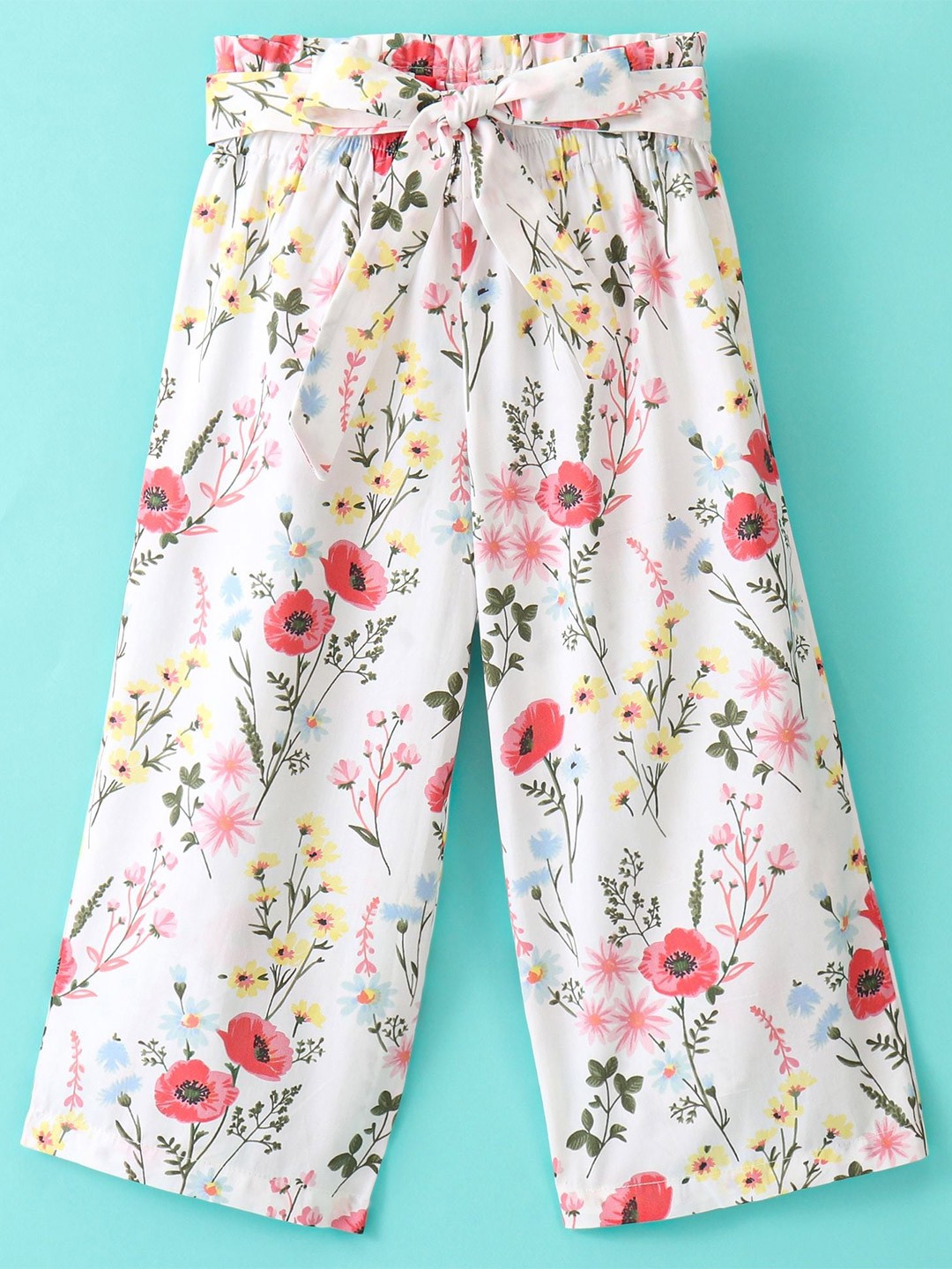

CrayonFlakes Girls Floral Printed Cotton Palazzos, White