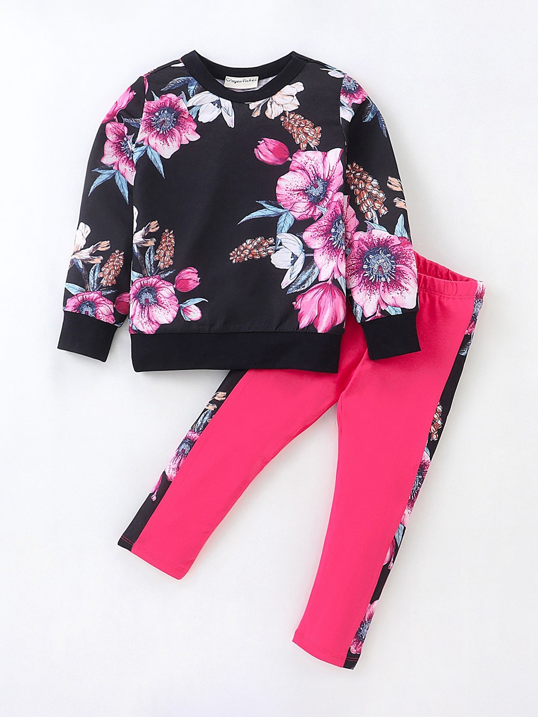 

CrayonFlakes Girls Printed Round Neck Long Sleeve T-shirt With Leggings, Black