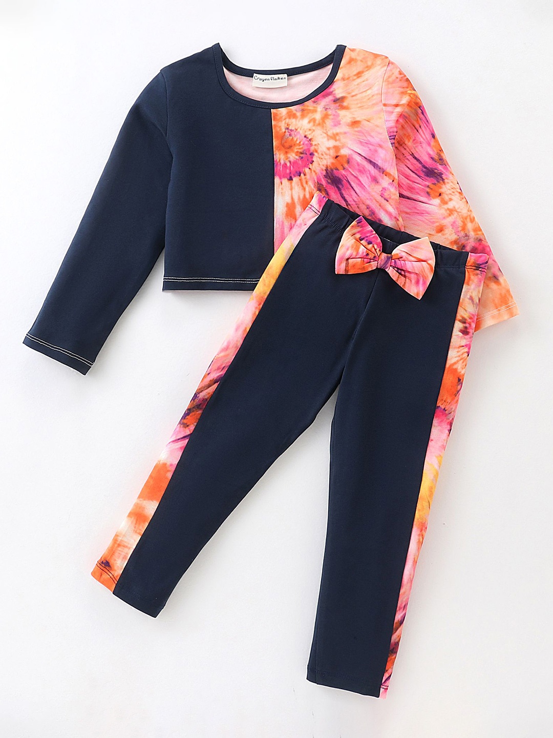 

CrayonFlakes Girls Tie and Dye Round Neck Long Sleeve Top With Leggings, Orange