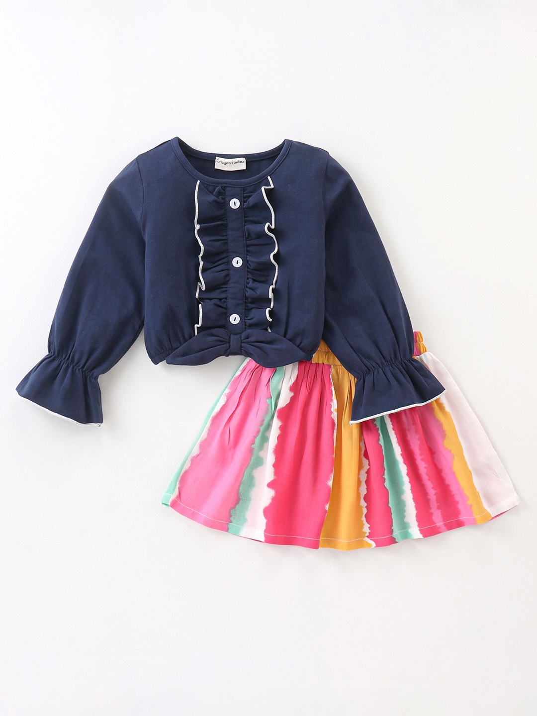 

CrayonFlakes Girls Round Neck Long Sleeve Top With Skirt, Navy blue