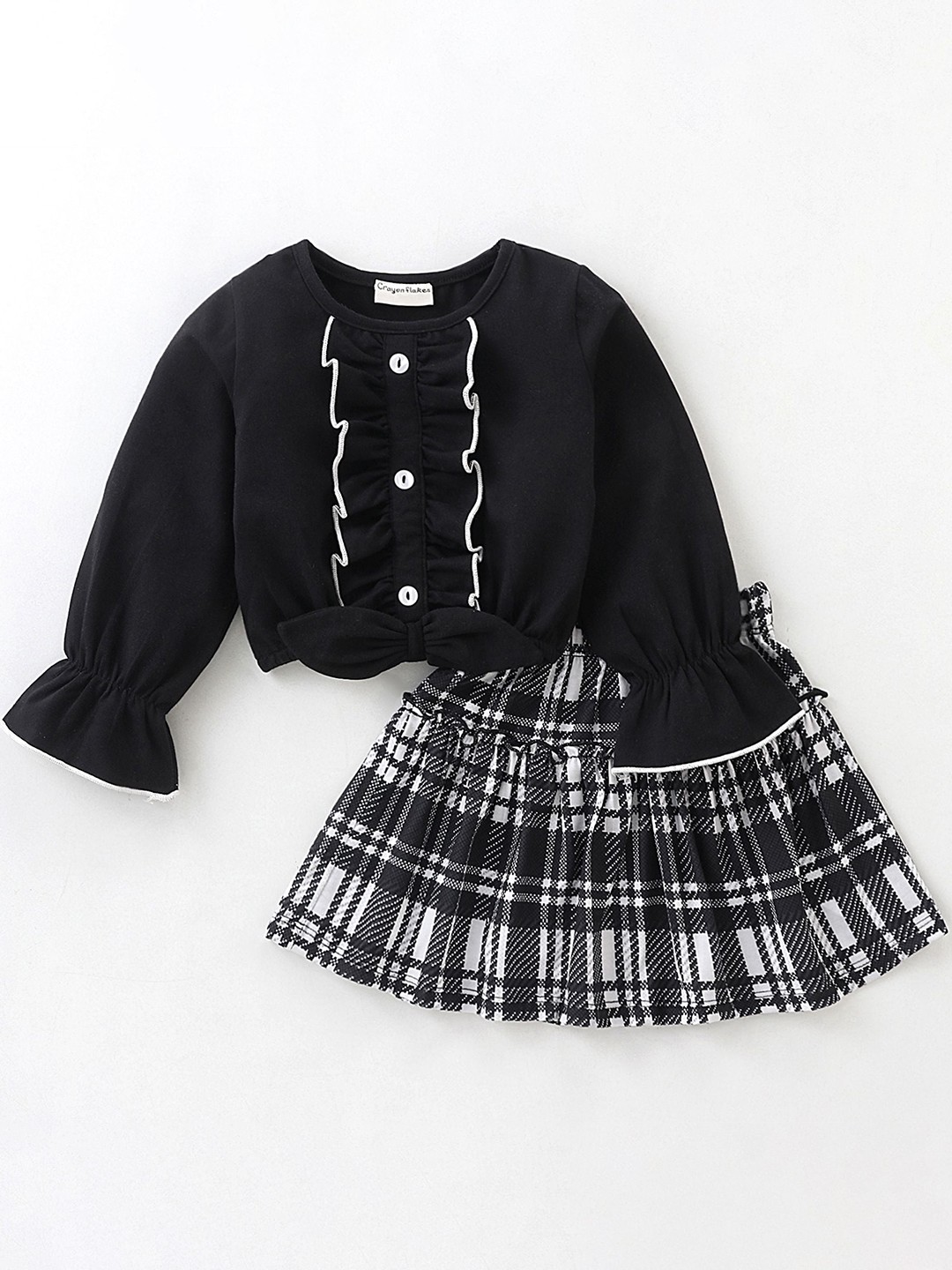 

CrayonFlakes Girls Round Neck Long Sleeve Top With Skirt, Black
