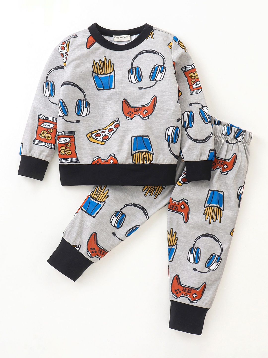 

CrayonFlakes Boys Printed Round Neck T-shirt With Trouser, Grey