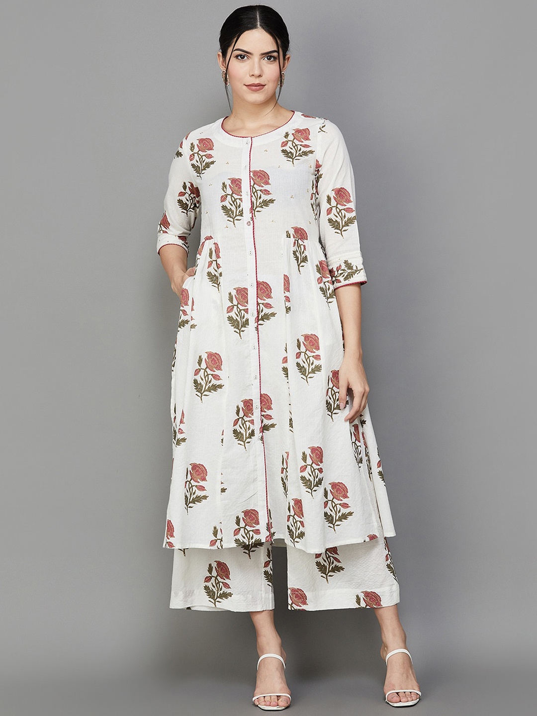 

Melange by Lifestyle Floral Printed Pure Cotton Pleated A-line Kurta With Palazzo, Off white