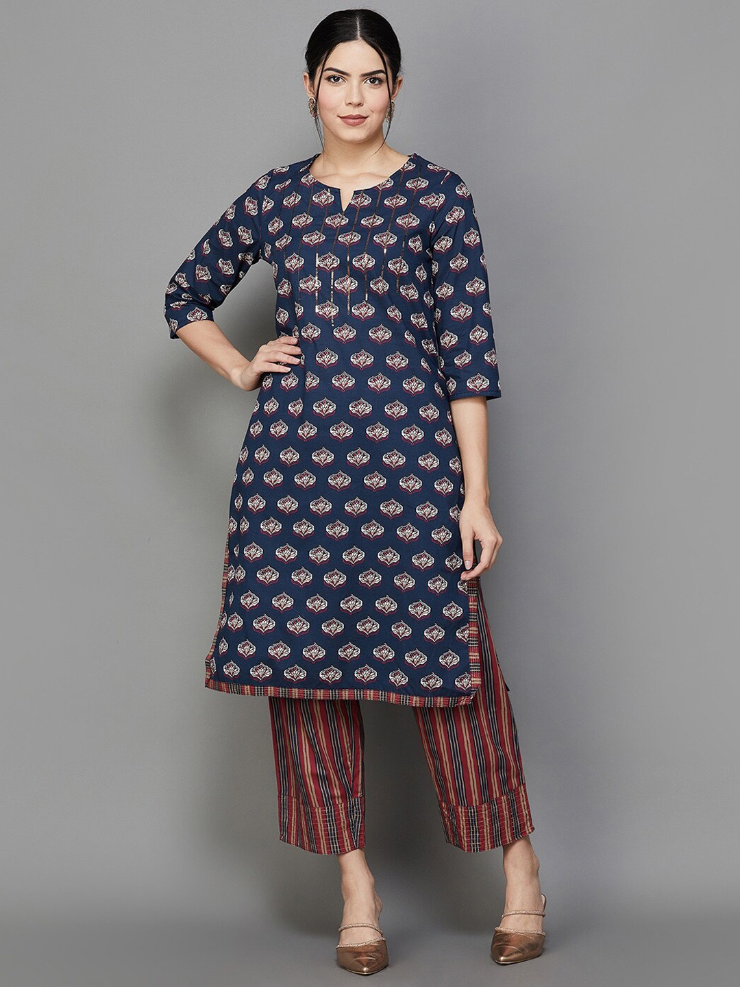 

Melange by Lifestyle Ethnic Motifs Printed Notched Pure Cotton Kurta With Trouser, Violet