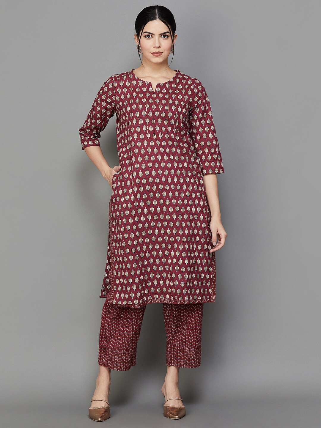 

Melange by Lifestyle Ethnic Motifs Printed Notched Pure Cotton Kurta With Trouser, Red