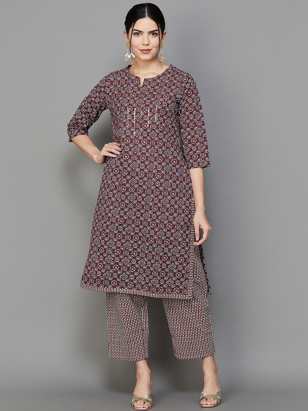 

Melange by Lifestyle Geometric Printed Pure Cotton Straight Kurta With Palazzos, Red