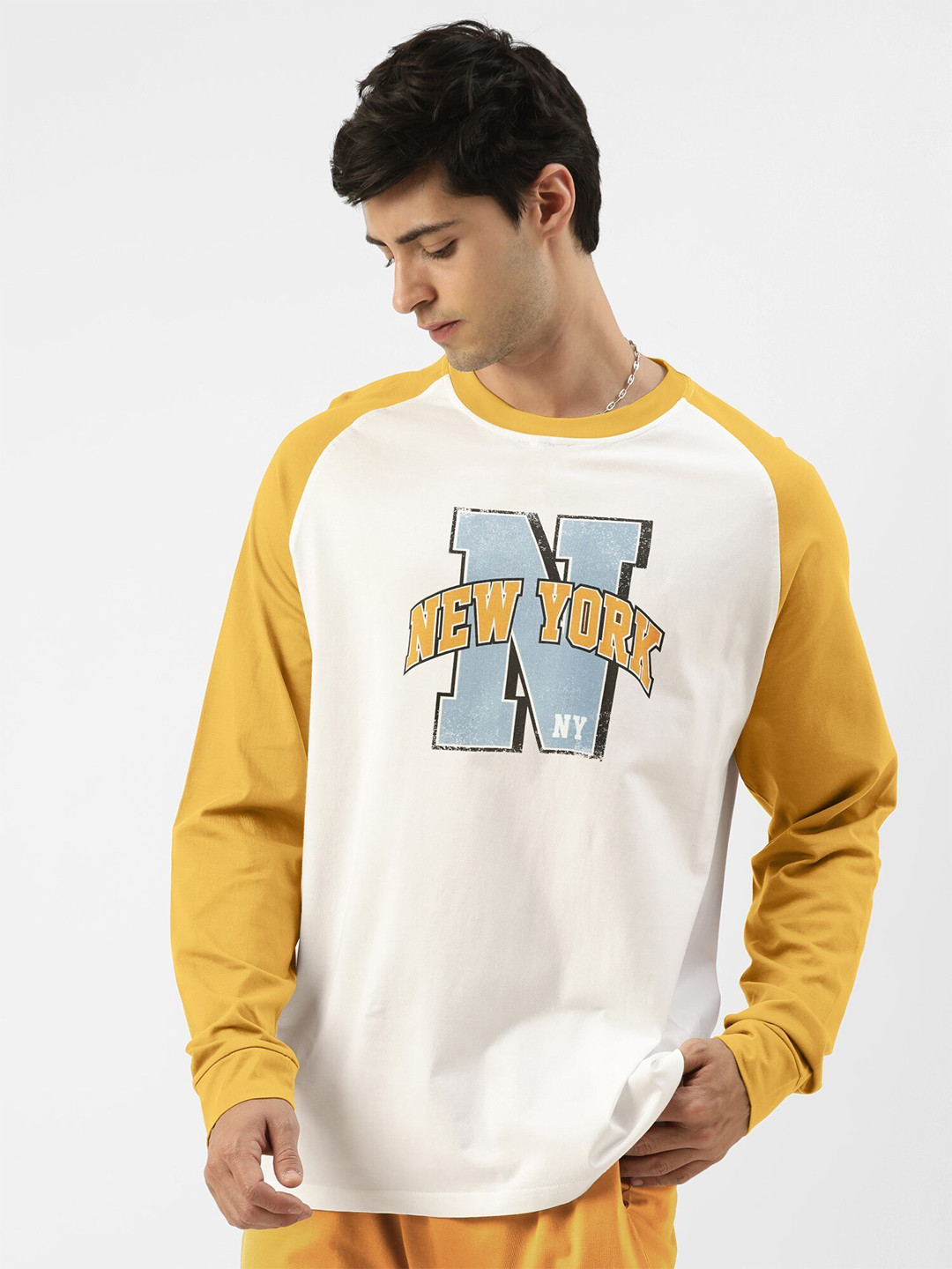 

Maniac Typography Printed Raglan Sleeves Cotton Oversized T-shirt, White