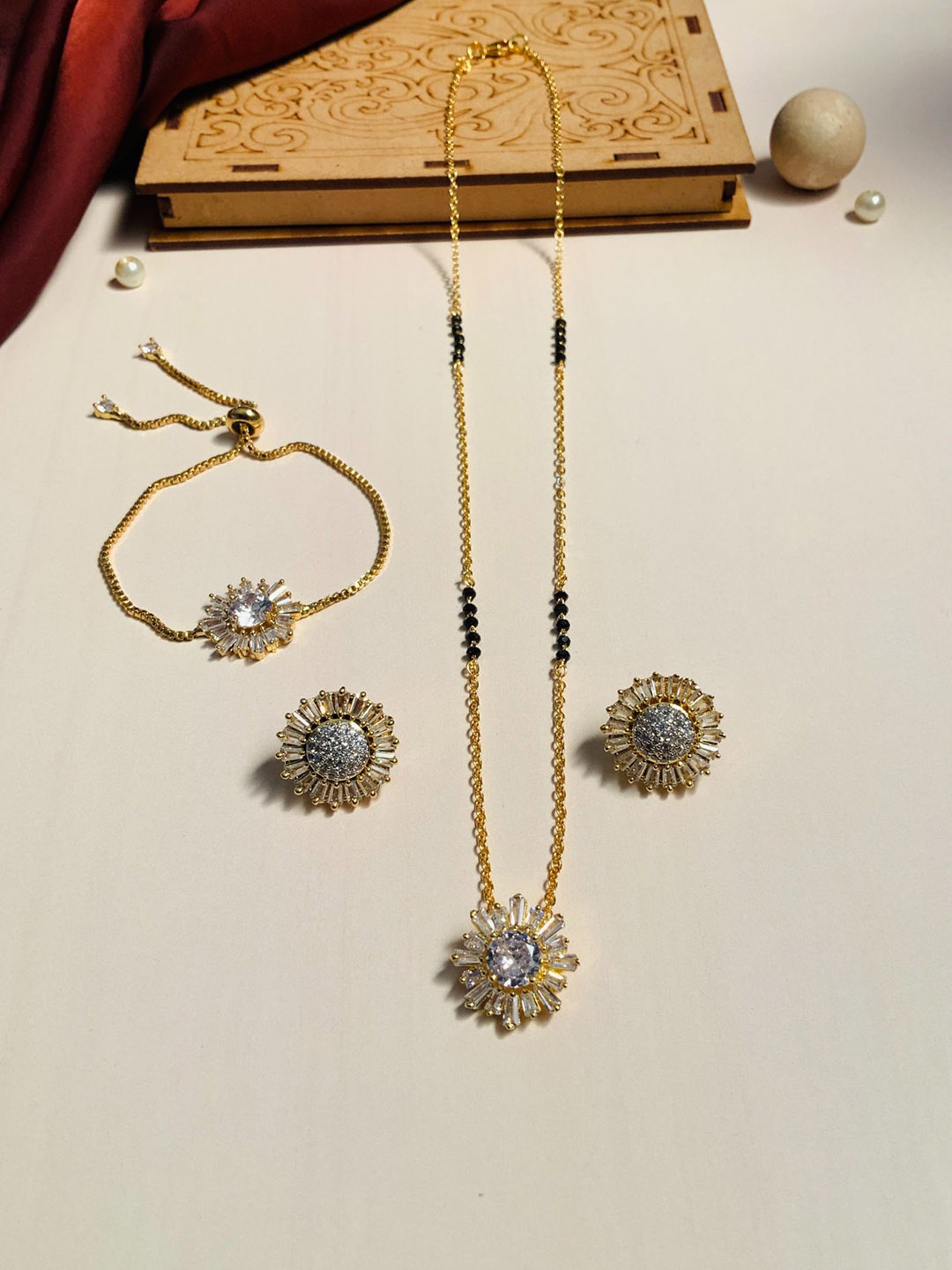 

ABDESIGNS Set of 3 Gold-Plated AD Studded Mangalsutra With Earrings & Bracelet