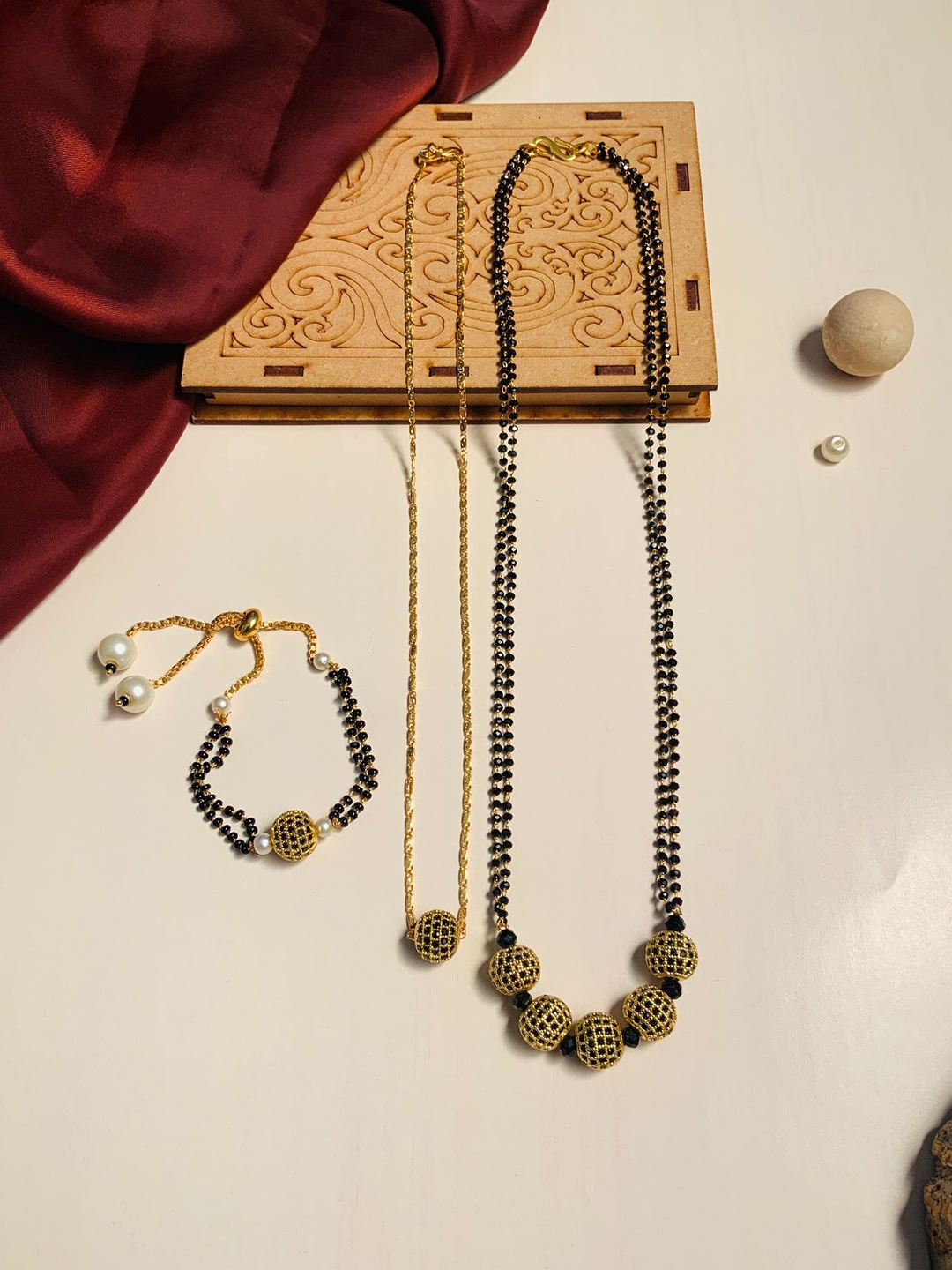 

ABDESIGNS Set of 3 Gold-Plated AD Studded Mangalsutra With Pendant Chain & Bracelet