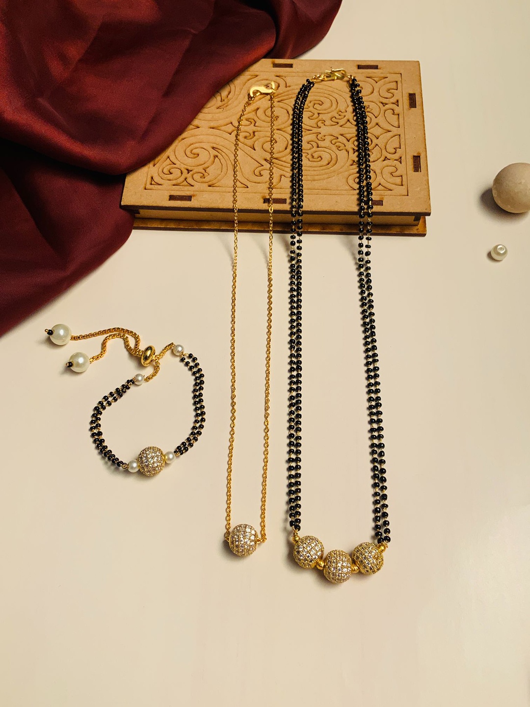 

ABDESIGNS Set Of 3 Gold-Plated AD Studded Mangalsutra With Pendant Chain & Bracelet