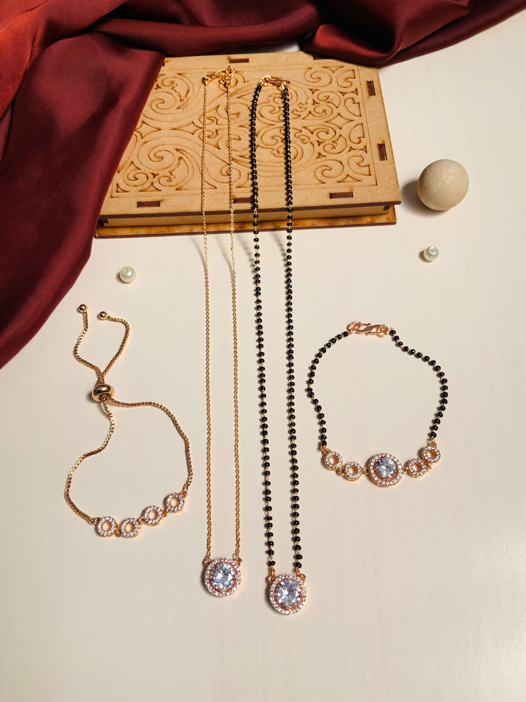 

ABDESIGNS Set Of 4 Combo Rose Gold-Plated Diamond CZ Mangalsutra Chain Jewellery