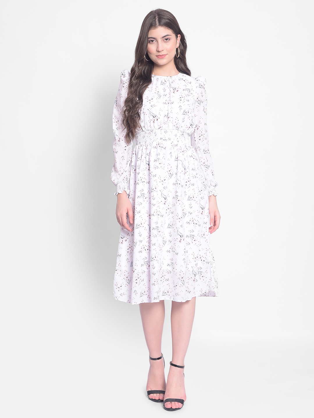 

Crimsoune Club Floral Printed Puff Sleeve Fit & Flare Midi Dress, White