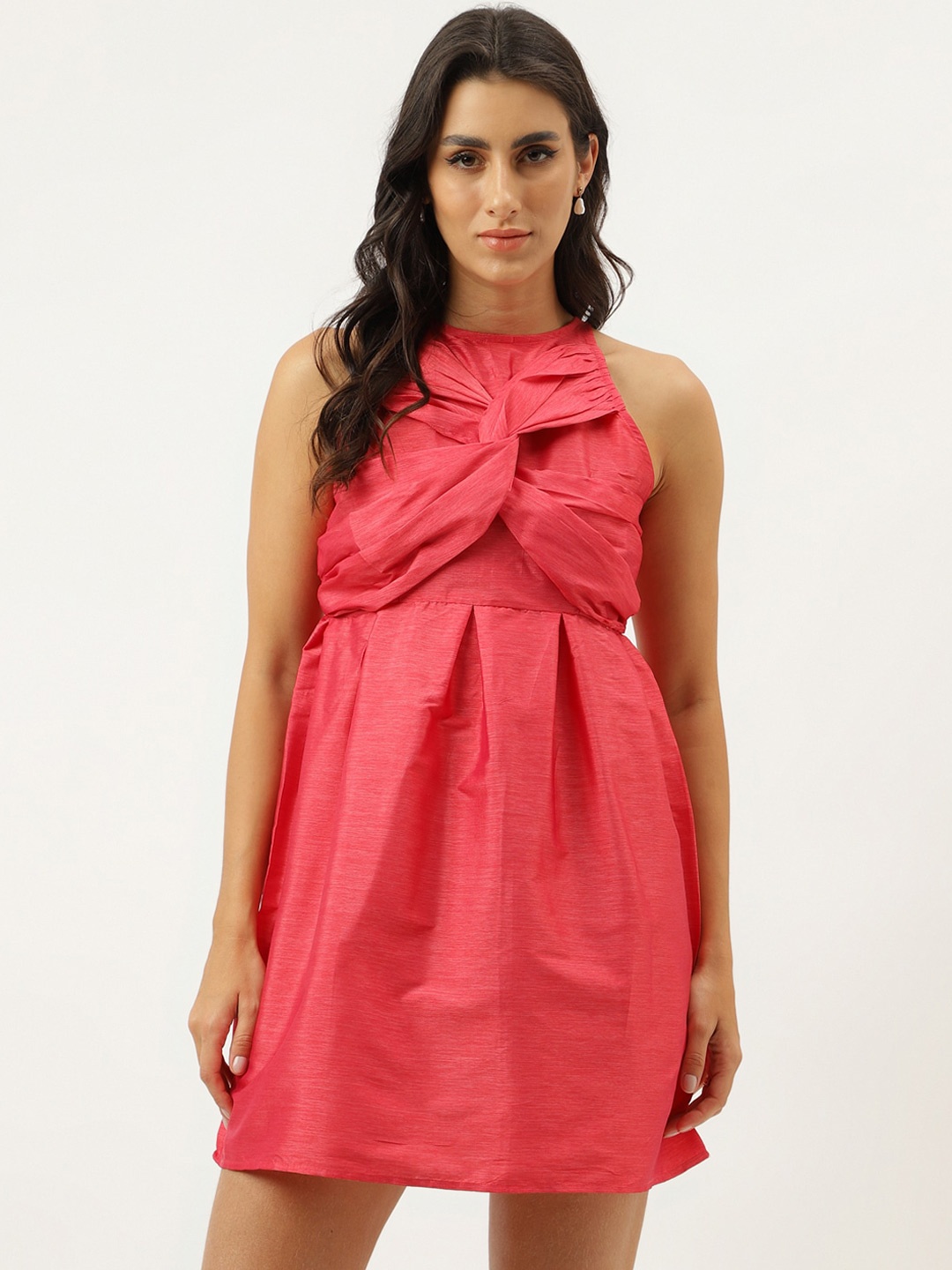 

TRYMISFIT High Neck Pleated Fit & Flare Dress, Red