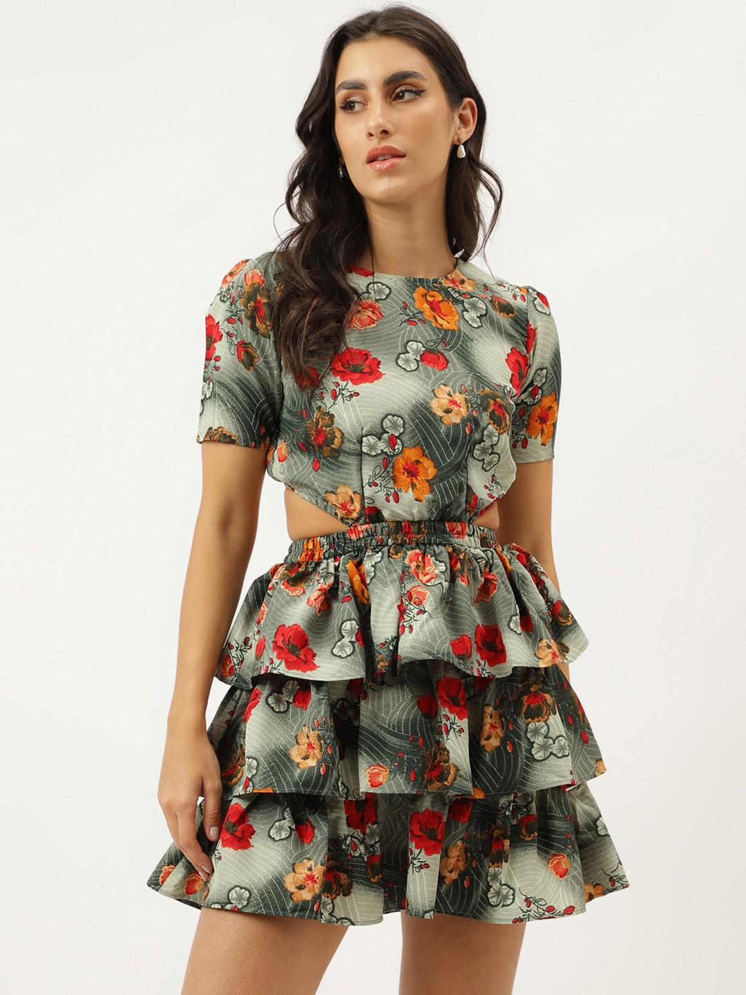 

TRYMISFIT Floral Printed Cut Out Cotton Fit & Flare Mini Dress, Grey
