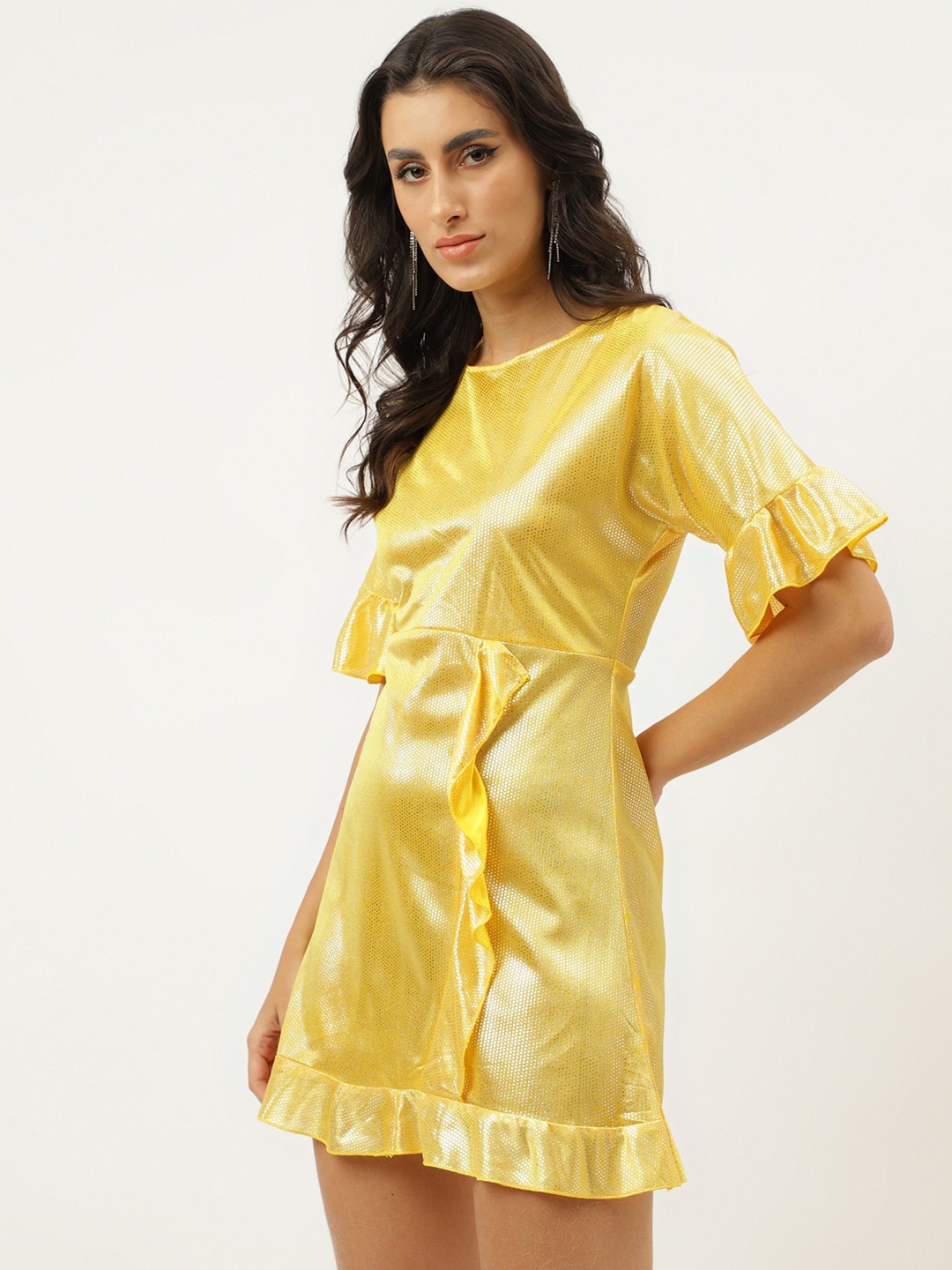 

TRYMISFIT Self Design Bell Sleeves A-Line Cotton Mini Dress, Yellow