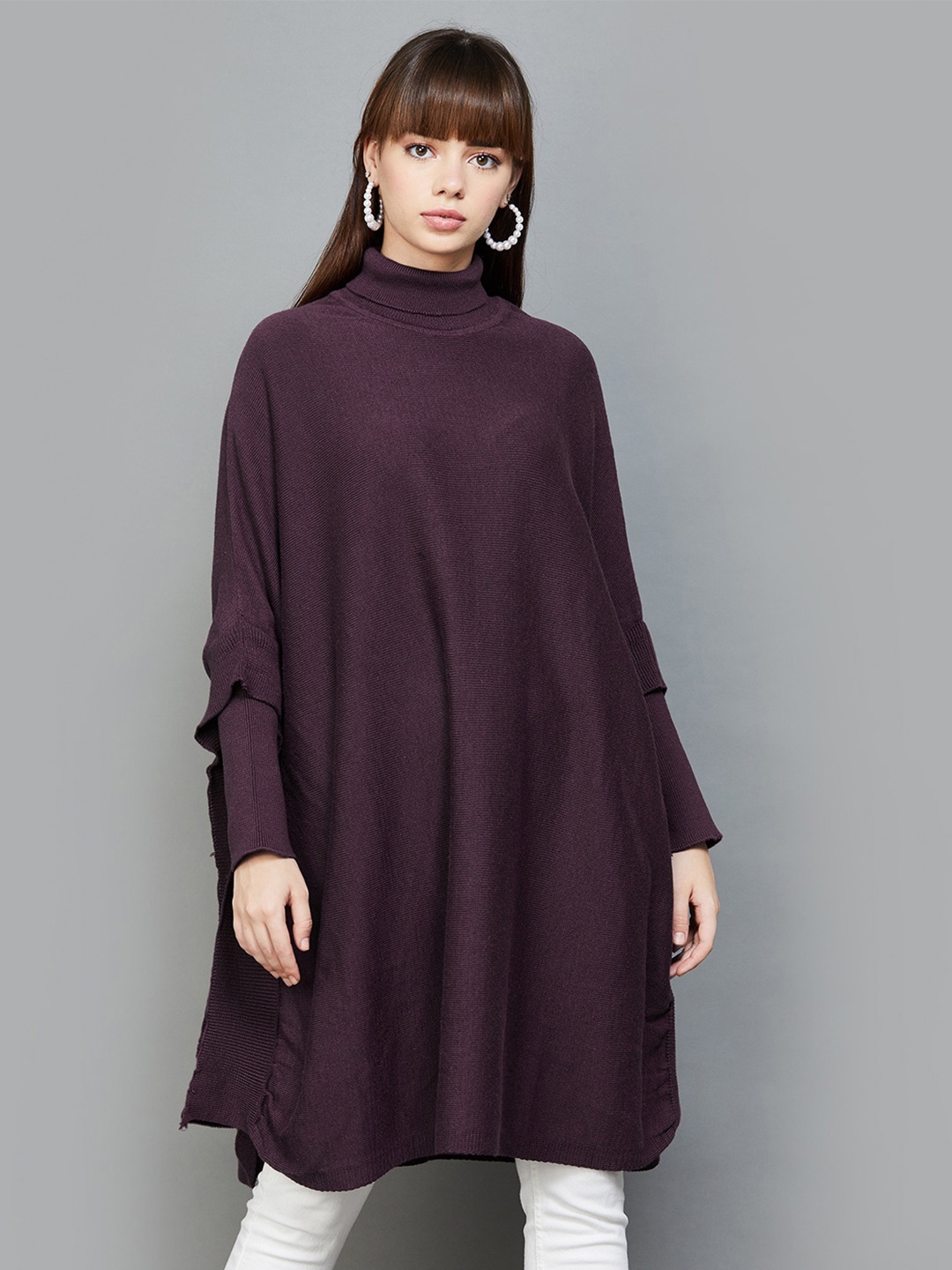 

Colour Me by Melange Turtle Neck Longline Acrylic Poncho Sweater, Violet