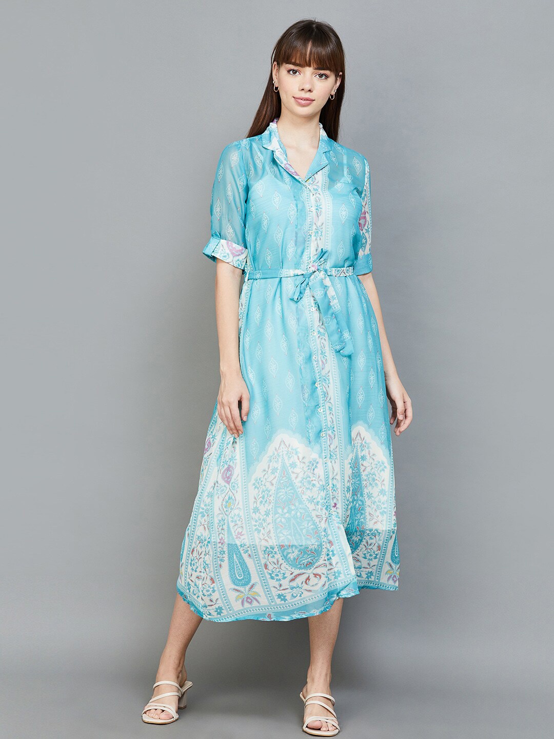 

Colour Me by Melange Ethnic Motifs Printed Shirt Collar Shirt Midi Dress, Teal