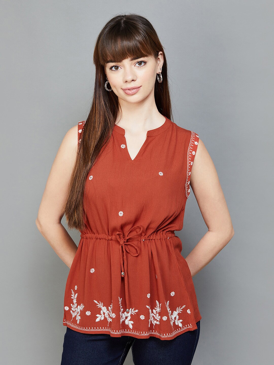 

Fame Forever by Lifestyle Floral Embroidered Mandarin Collar Cinched Waist Top, Orange