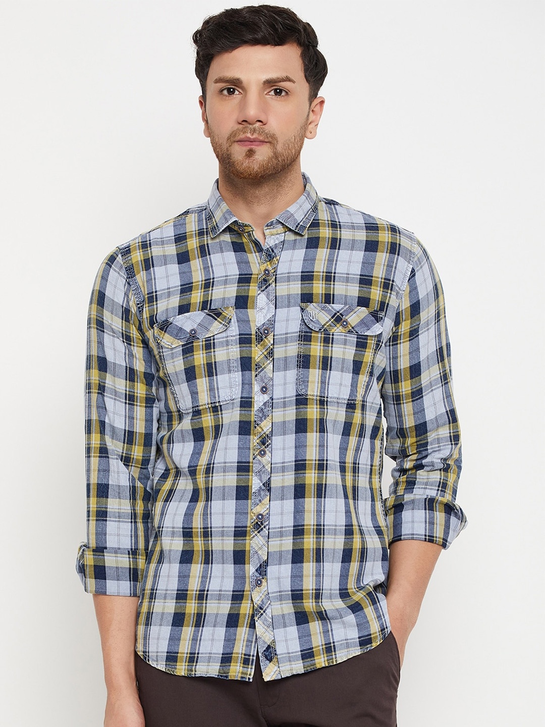 

Duke Slim Fit Checked Spread Collar Cotton Casual Shirt, Grey