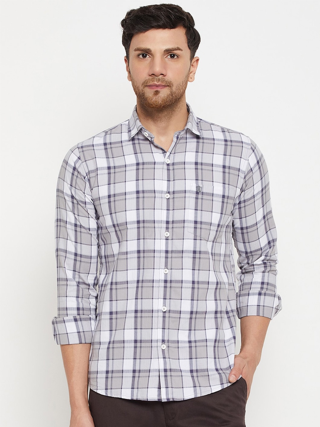 

Duke Slim Fit Tartan Checked Spread Collar Cotton Casual Shirt, Grey