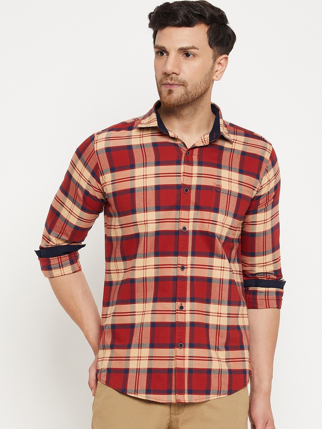 

Duke Slim Fit Tartan Checked Spread Collar Cotton Casual Shirt, Red