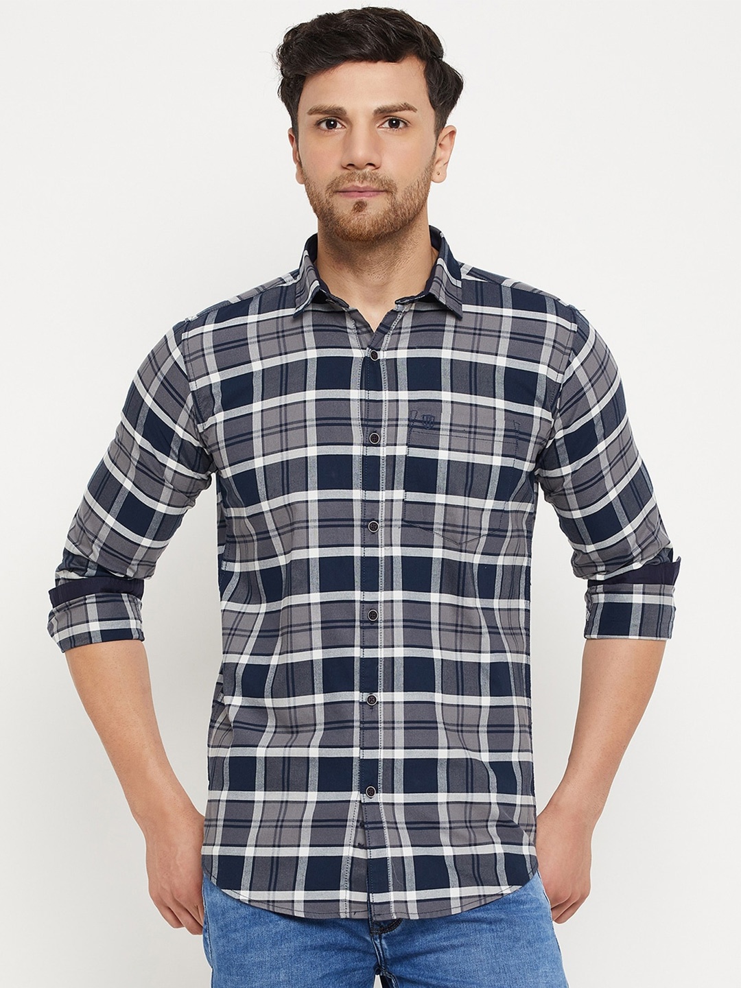 

Duke Slim Fit Tartan Checked Cotton Casual Shirt, Grey